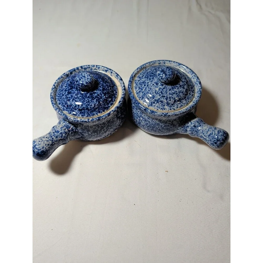 2 Vintage Stoneware Blue and White Splatterware or Spongeware lidded crock